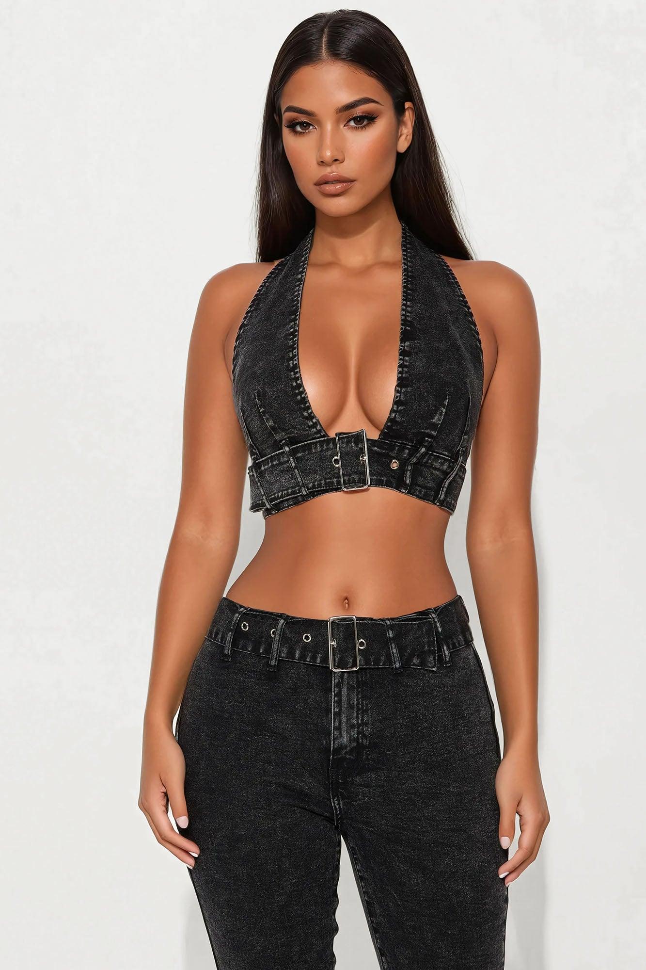 Cici Washed Denim Capri Set - Black Wash Female Product Image