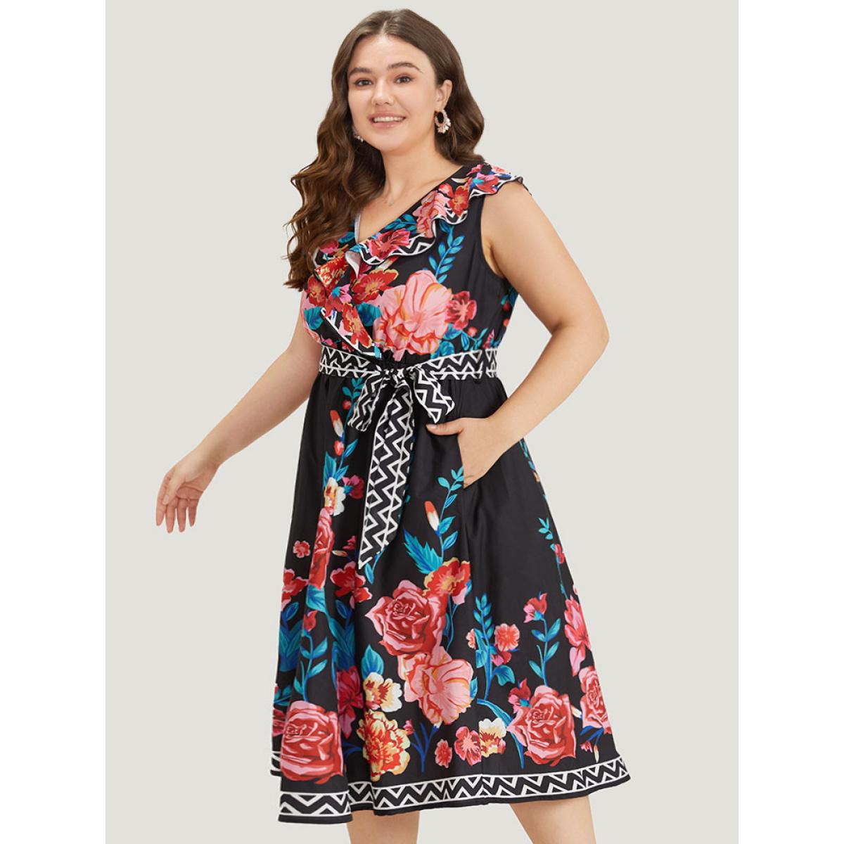 Plus Size Floral Print Surplice Neck Belted Tank Dress Black Women Vacation Belted V-neck Sleeveless Curvy Midi Dress BloomChic 30/6X Product Image