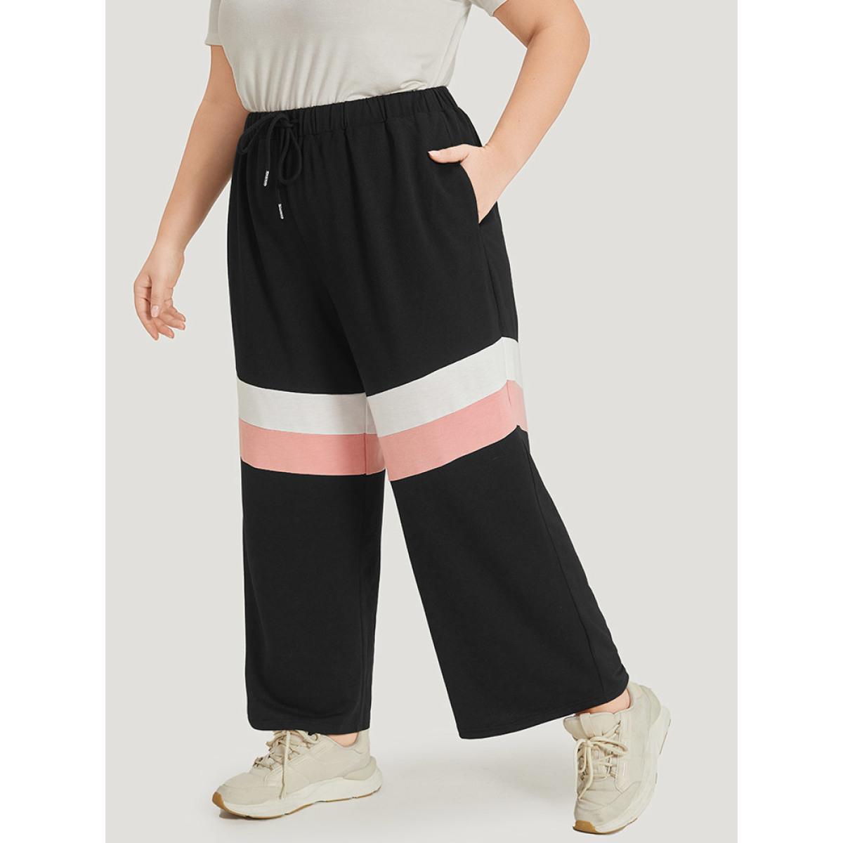 Striped Contrast Drawstring Pocket Elastic Waist Sweatpants Black Plus Size Women Casual Dailywear Contrast 28/5X Bloomchic Product Image