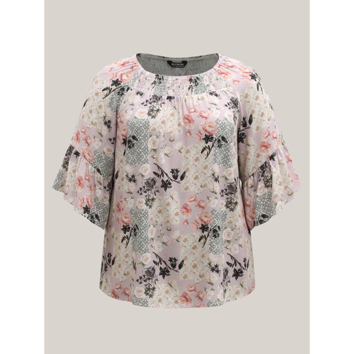Plus Size Multicolor Floral Shirred Neck Flowy Blouse Women Elbow-length sleeve Round Neck Elegant Blouses BloomChic 22-24/3X Product Image
