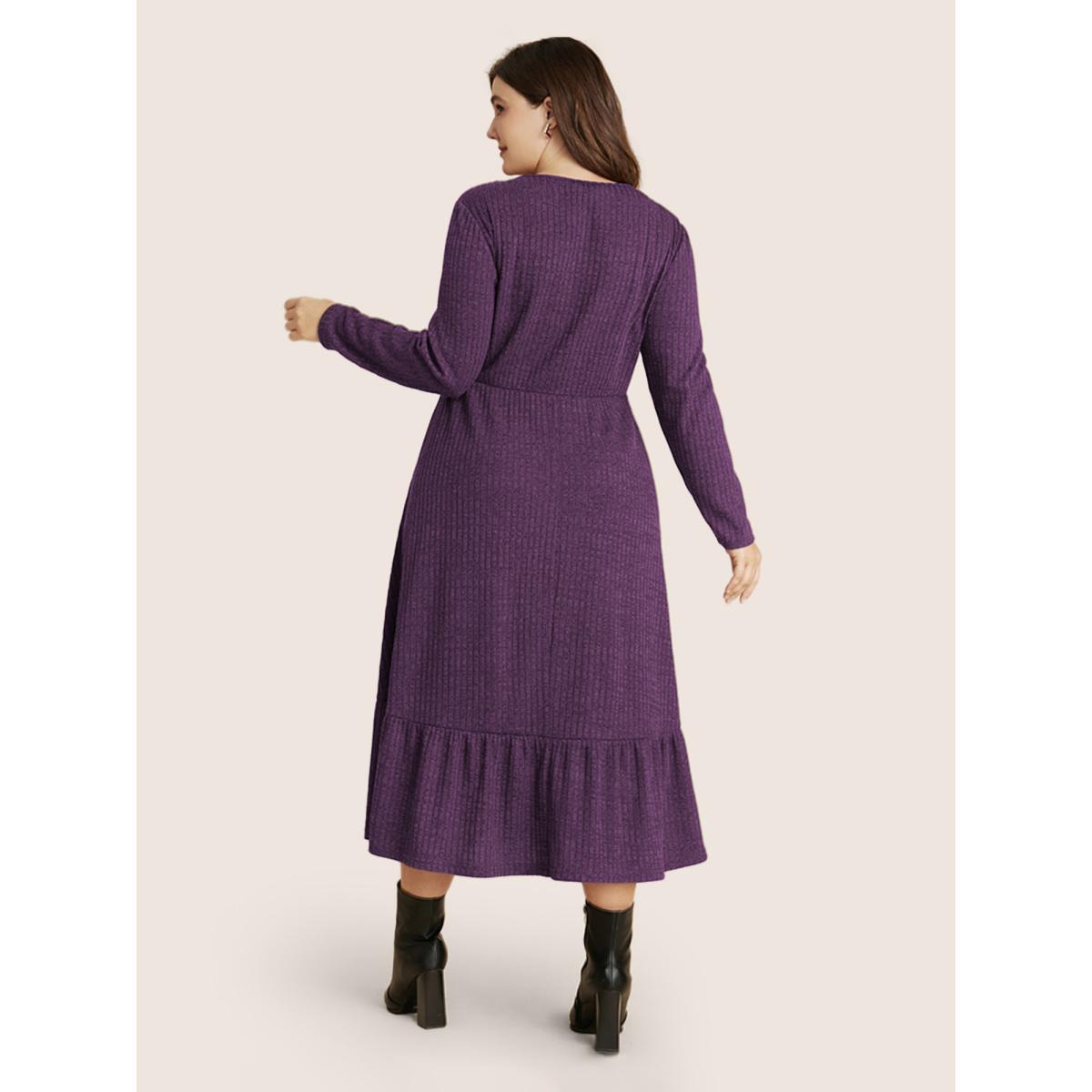 Plus Size Solid Pocket Rib Knit Ruffle Hem Dress Without Belt Aegean Women Leisure Non Round Neck Long Sleeve Curvy Midi Dress BloomChic 12/L Product Image
