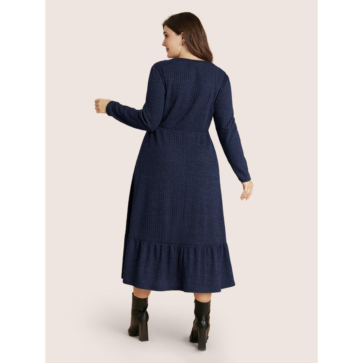 Plus Size Solid Pocket Rib Knit Ruffle Hem Dress Without Belt DarkBlue Women Basics Non Round Neck Long Sleeve Curvy Midi Dress BloomChic 12/L Product Image