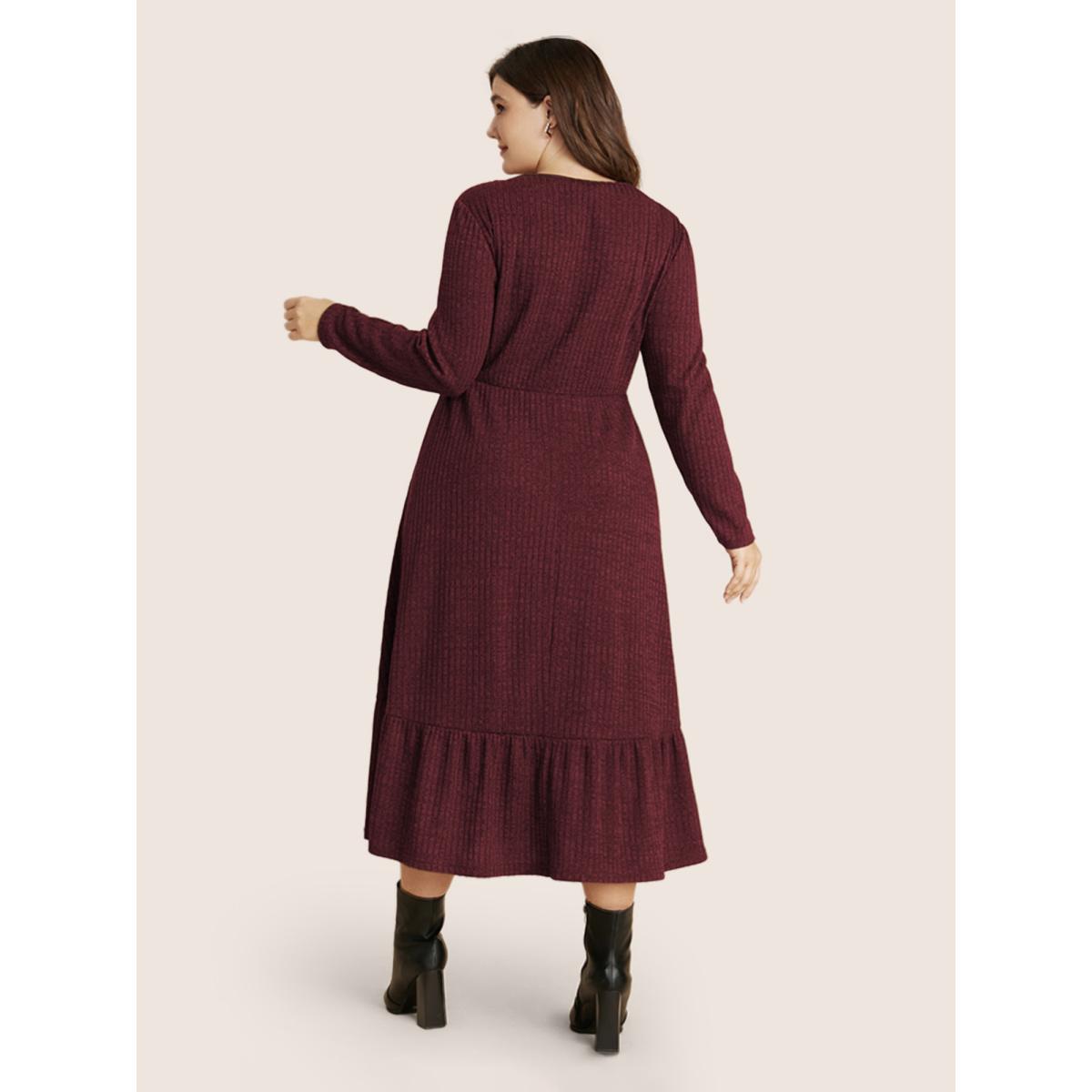 Plus Size Solid Pocket Rib Knit Ruffle Hem Dress Without Belt Aegean Women Leisure Non Round Neck Long Sleeve Curvy Midi Dress BloomChic 12/L Product Image