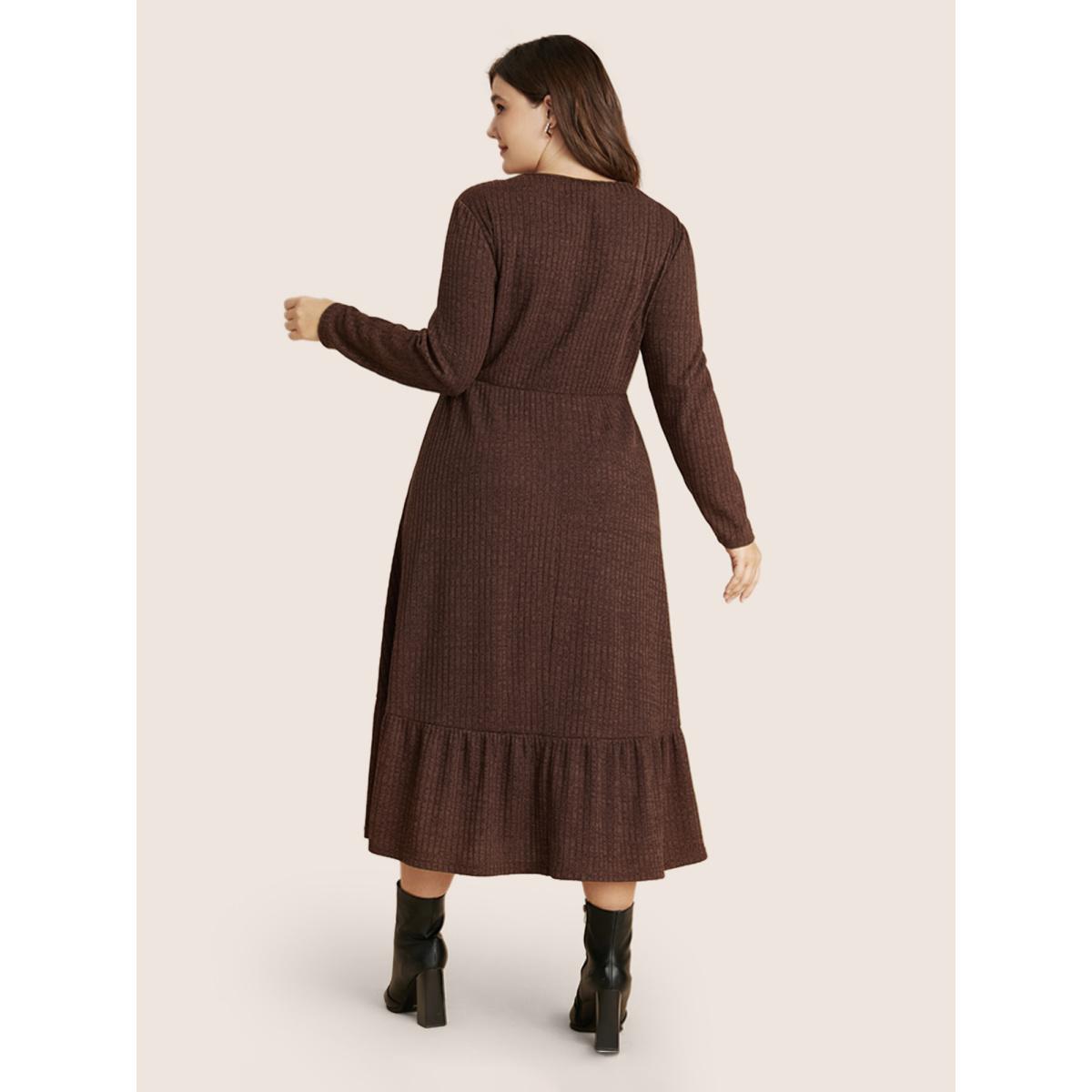 Plus Size Solid Pocket Rib Knit Ruffle Hem Dress Without Belt Aegean Women Leisure Non Round Neck Long Sleeve Curvy Midi Dress BloomChic 26/4X Product Image