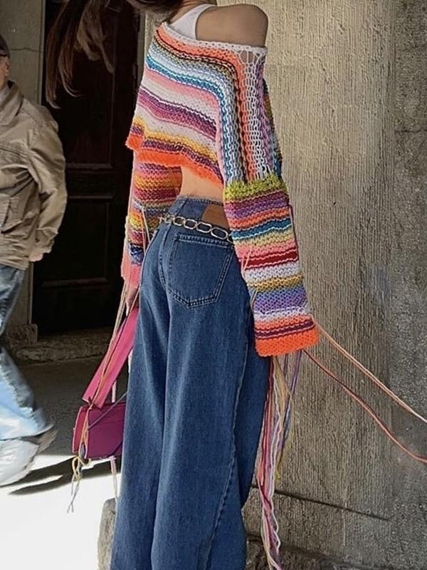 Colorful Stripe Tassel Decor Short Sweater Product Image