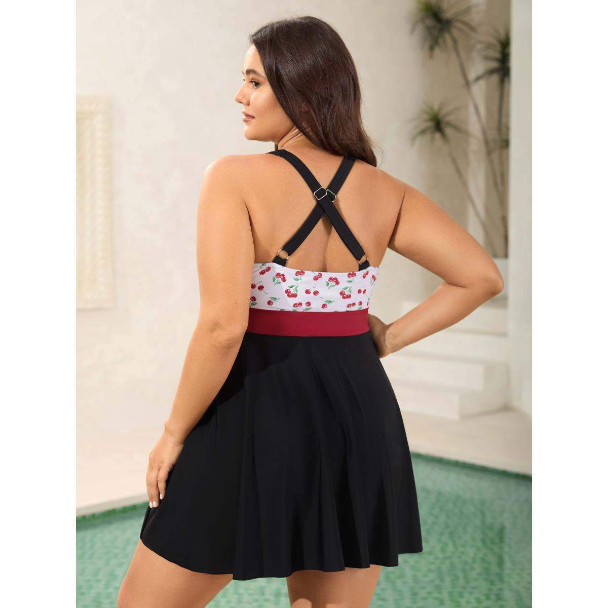 Plus Size Cherry Knotted Bodice Color Block Swim Dress Women's Swimwear Black Beach Bodycon Heart neckline High stretch Curve Swim Dresses BloomChic 10/M Product Image