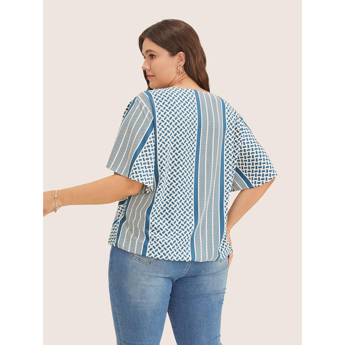 Plus Size Aegean Geometric Contrast Ruffle Sleeve Wrap Blouse Women Resort Short sleeve Overlap Collar Vacation Blouses BloomChic 18-20/2X Product Image