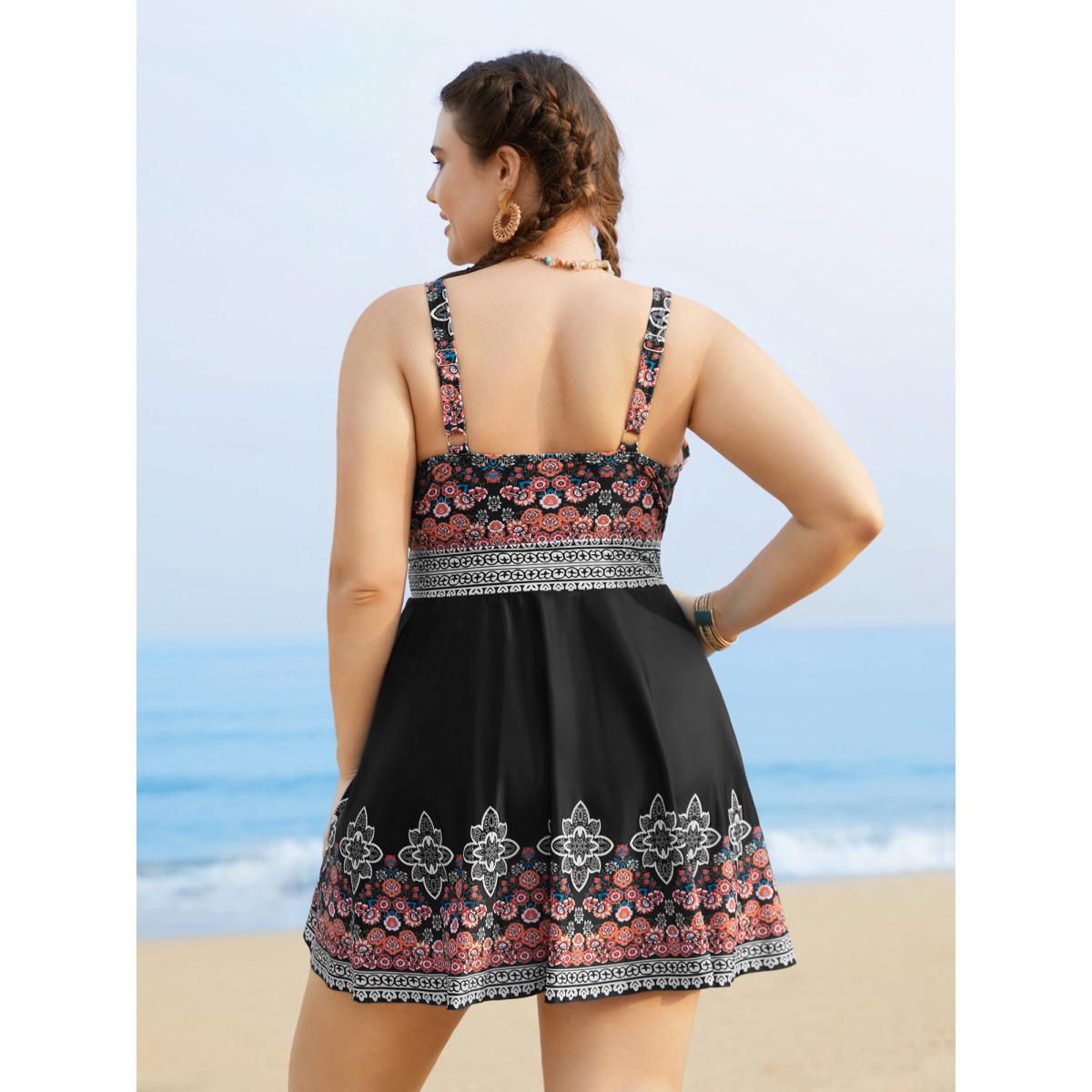 Plus Size Boho Print Surplice Neck Adjustable Swim Dress Women's Swimwear Black Resort Bodycon Overlap Collar High stretch Curve Swim Dresses BloomChic 22-24/3X Product Image