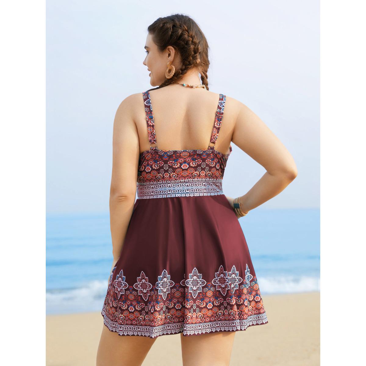 Plus Size Boho Print Surplice Neck Adjustable Swim Dress Women's Swimwear Deepred Resort Bodycon Overlap Collar High stretch Curve Swim Dresses BloomChic 18-20/2X Product Image
