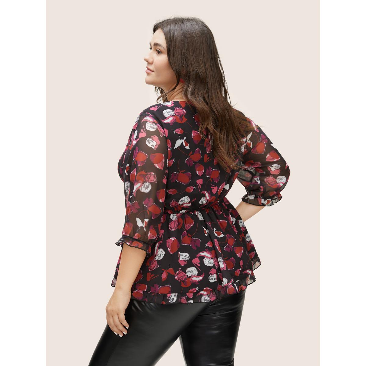 Plus Size Black Floral Mesh Patchwork Ruffle Trim Blouse Women Cocktail Elbow-length sleeve V-neck Party Blouses BloomChic 22-24/3X Product Image