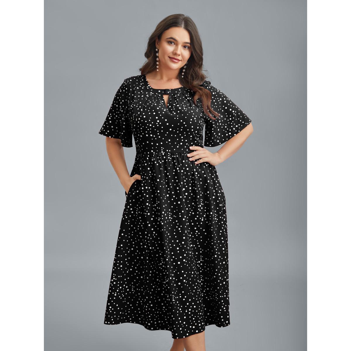 Plus Size Polka Dots Print Cut-Out Flutter Sleeve Midi Dress Black Women Elegant Pleated Round Neck Short sleeve Curvy BloomChic 26/4X Product Image