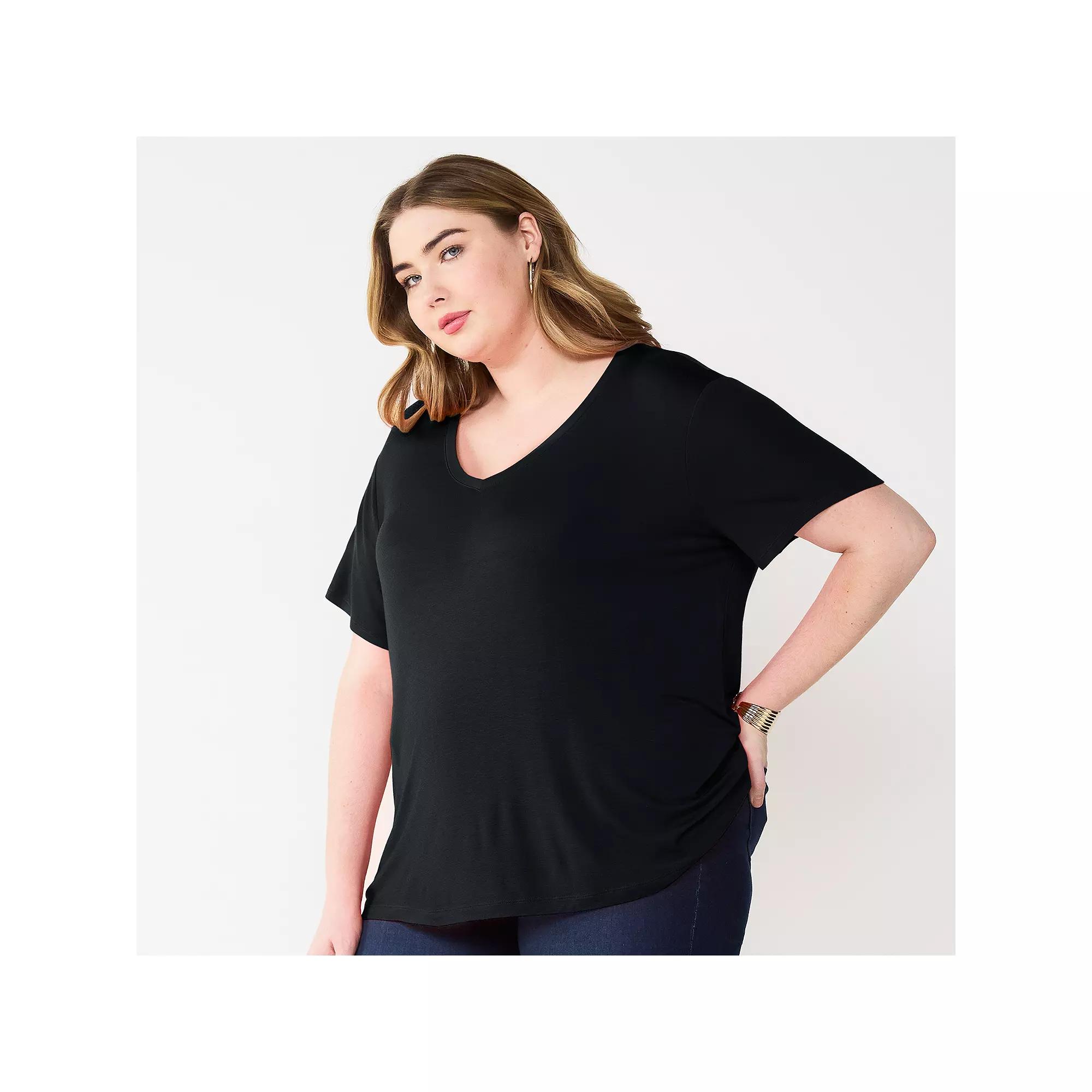 Plus Size Nine West Essential Soft Spun Short Sleeve V-Neck Tee, Women's, Size: 4XL, Mineral Black Product Image