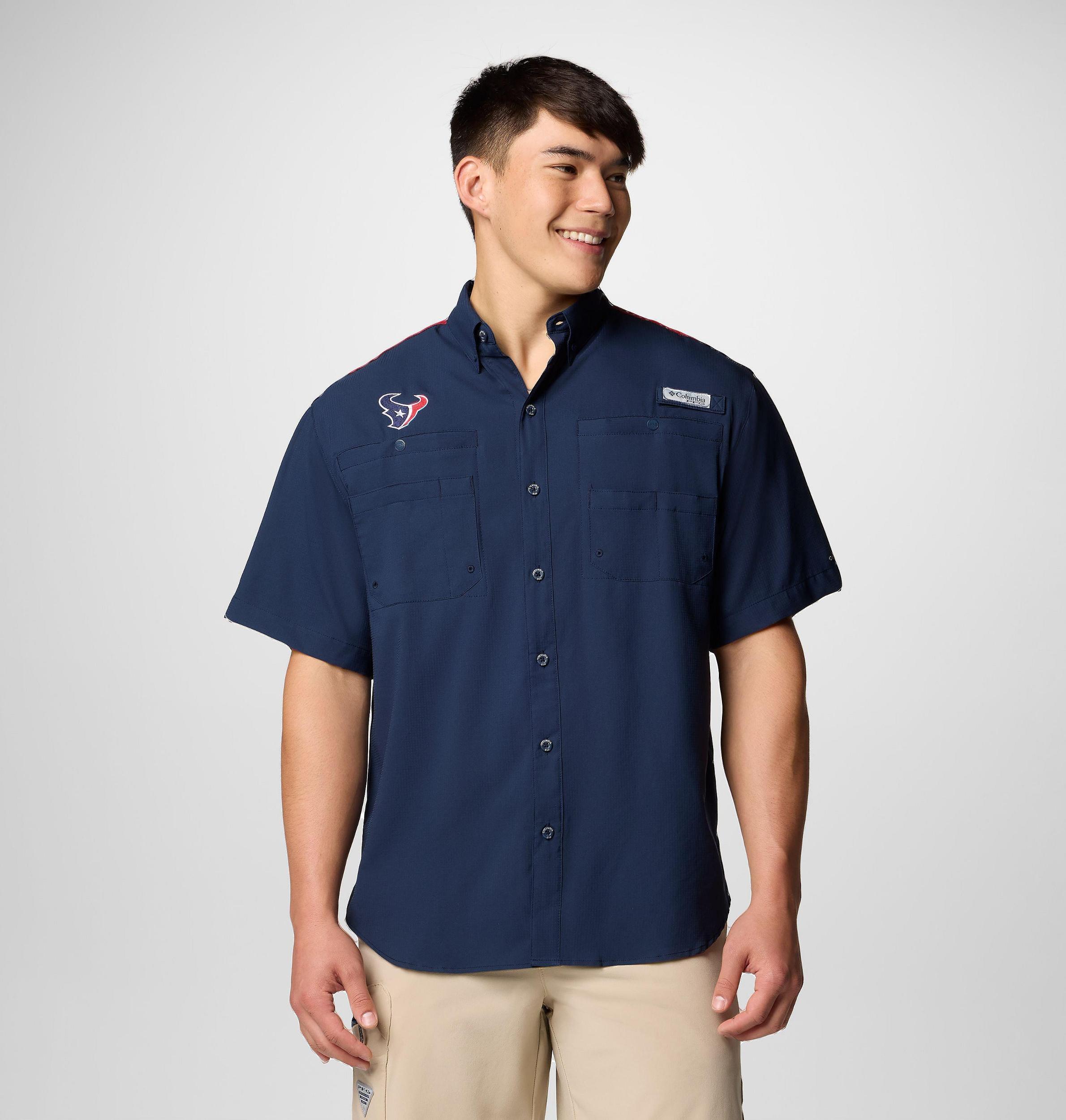 Columbia Mens PFG Tamiami Colorblocked Short Sleeve Shirt - Houston Texans- Product Image