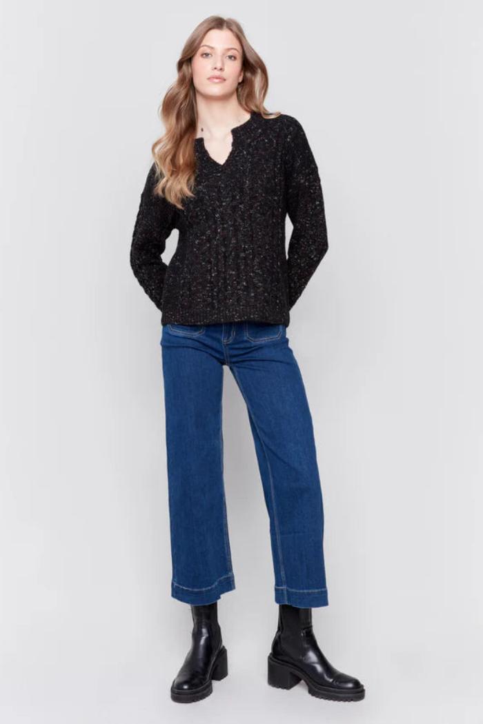 Speckled Yarn Cable Knit Sweater - Black Product Image