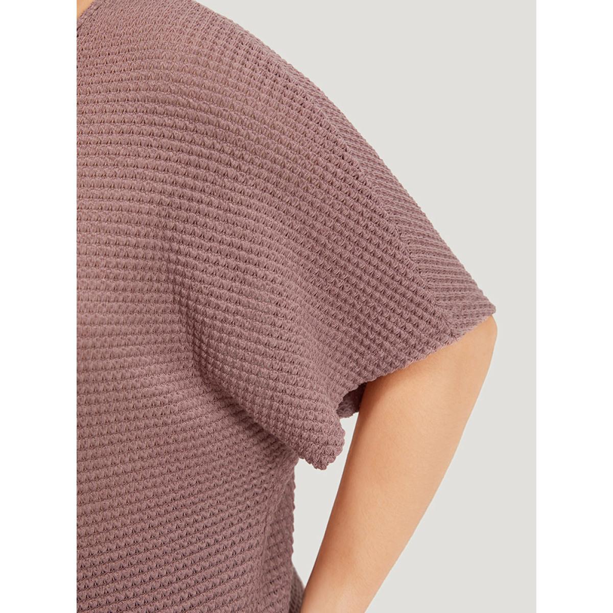 Plus Size Plain Waffle Knit Plicated Detail Guipure Lace Flutter Sleeve T-shirt DustyPink Women Elegant Non Plain Round Neck Work T-shirts BloomChic 30/6X Product Image