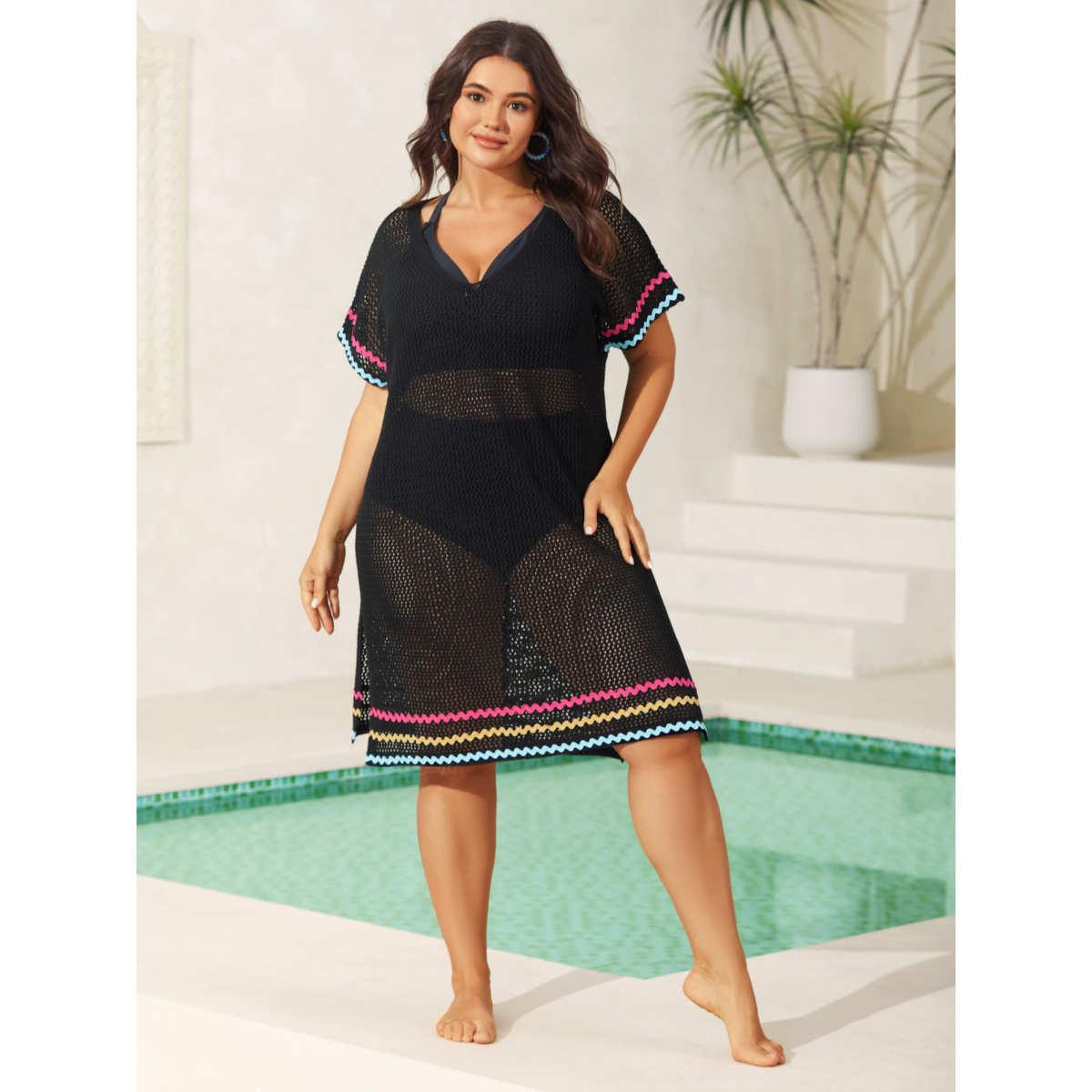 Plus Size Colorful Webbed Slit Cut-Out Swim Cover-Up Women's Swimwear Black Beach Loose Contrast Curve Swim Cover Ups BloomChic 12/L Product Image