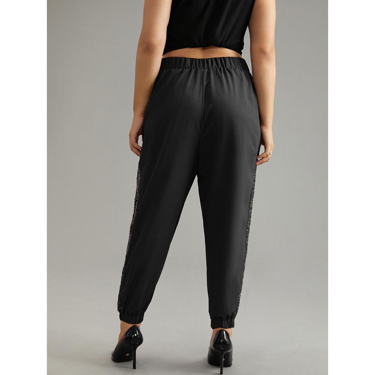 Plus Size Solid Sequin Patchwork Pocket Pants Women Black Glamour Harem High Rise Going out Pants BloomChic 12/L Product Image