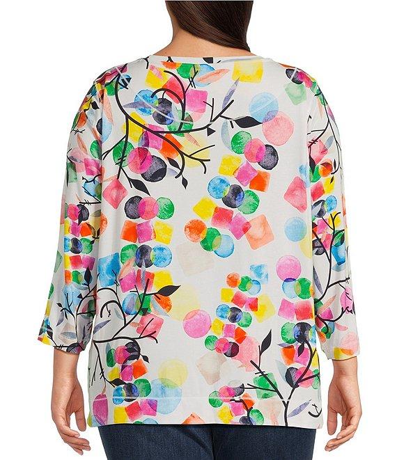 Ali Miles Plus Size Abstract Print Knit Round Neck 3/4 Sleeve Tunic Product Image