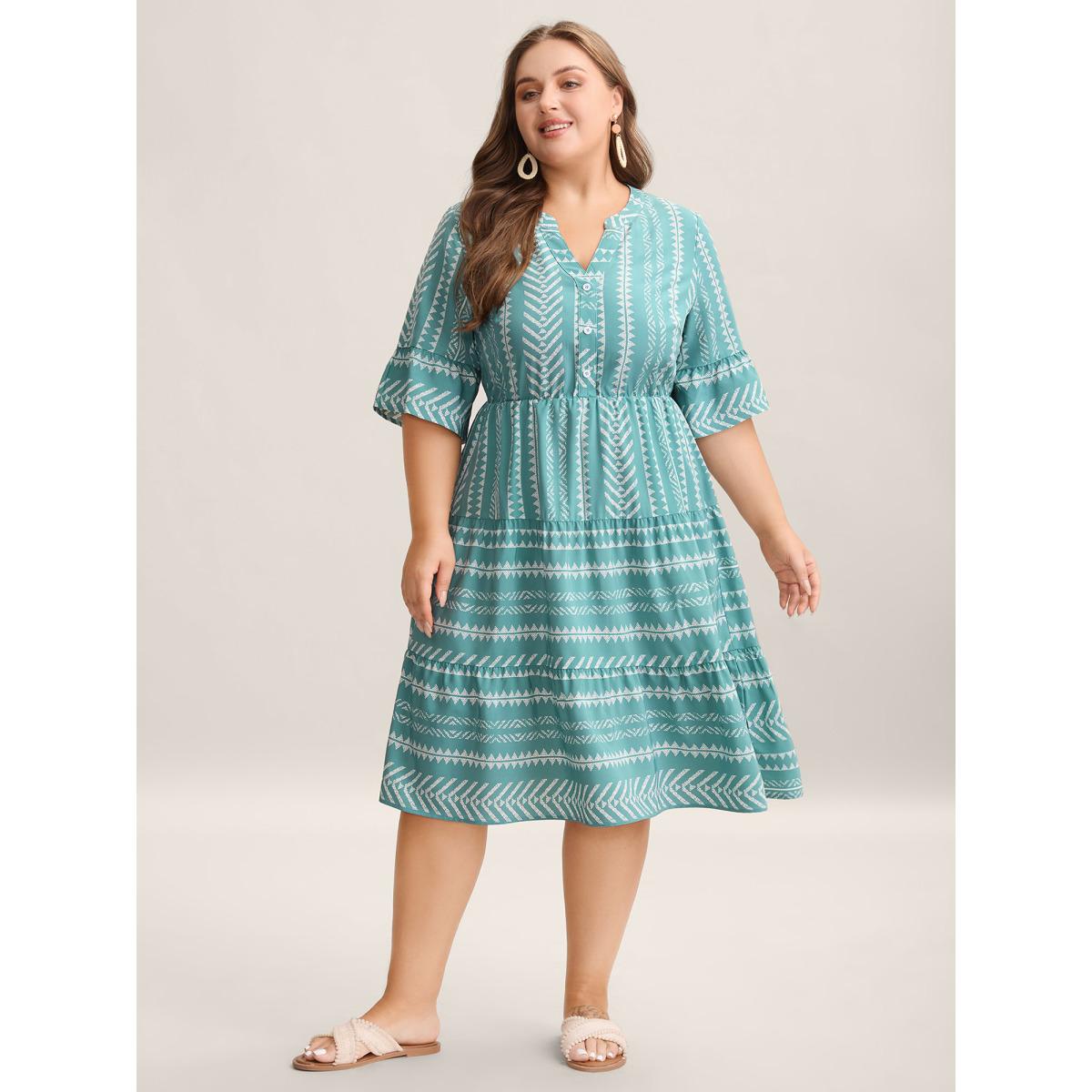 Plus Size Boho Stripe Print Stretchy Waist Midi Dress Turquoise Women Resort Button Flat collar with V-notch Half Sleeve Curvy BloomChic 12/L Product Image