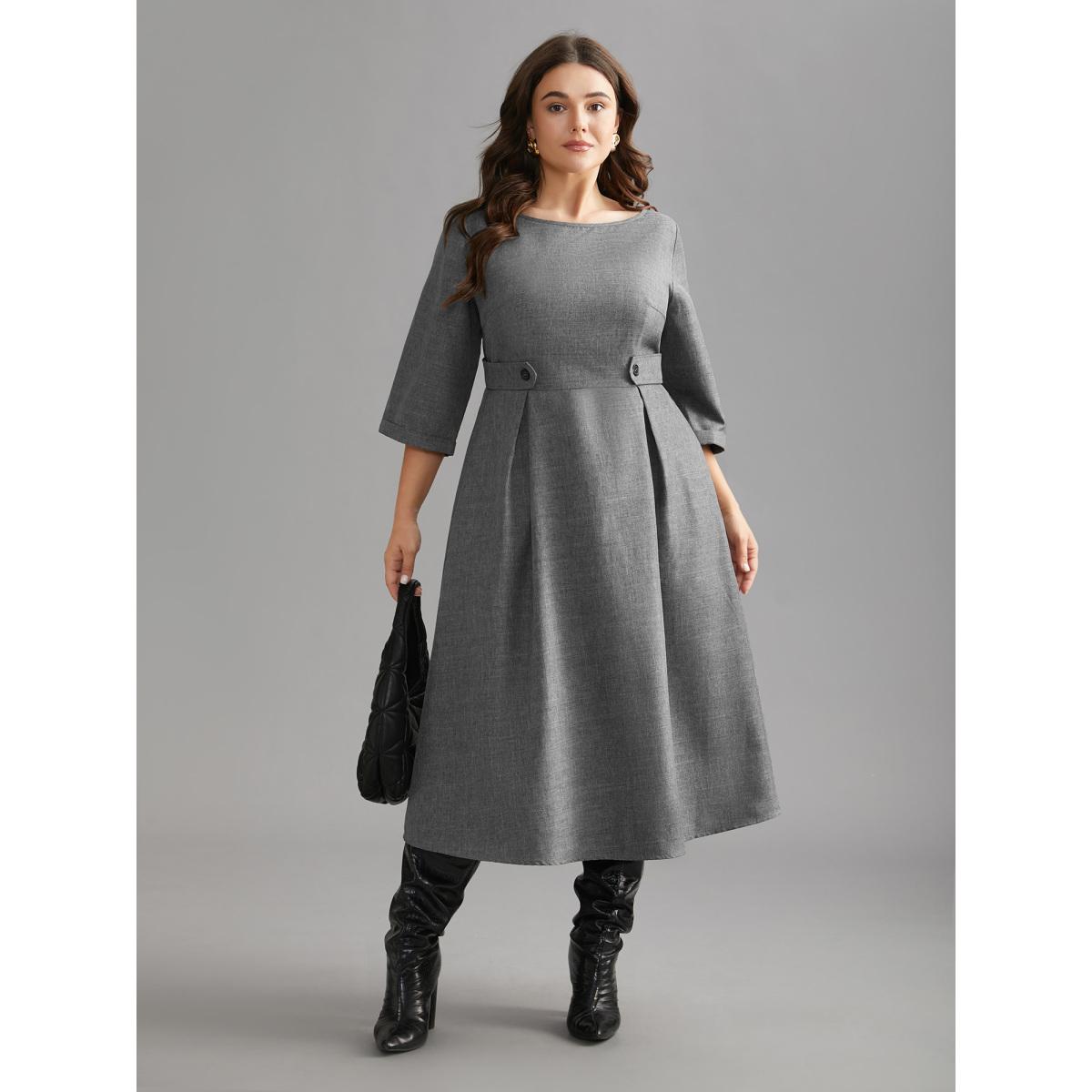 Plus Size Buckled Waist Loops Pleated Midi Dress DarkGray Women At the Office Pleated Boat Neck Elbow-length sleeve Curvy BloomChic 10/M Product Image