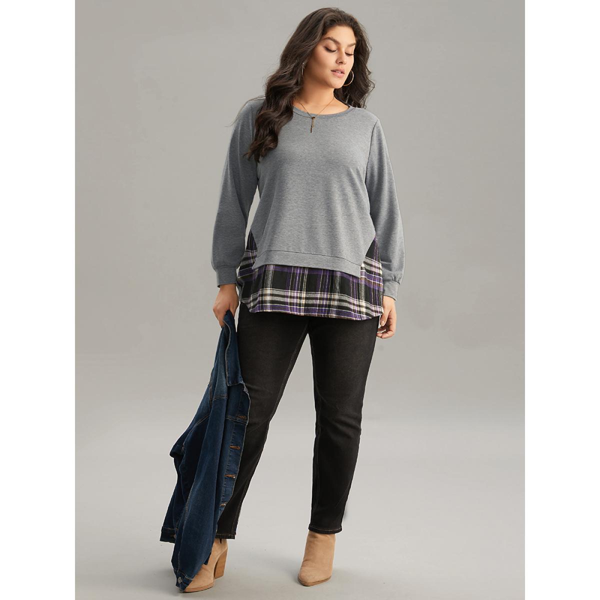 Plus Size Plaid Patchwork Contrast Crew Neck Sweatshirt Women Gray Casual Contrast Round Neck Dailywear Sweatshirts BloomChic 14-16/1X Product Image