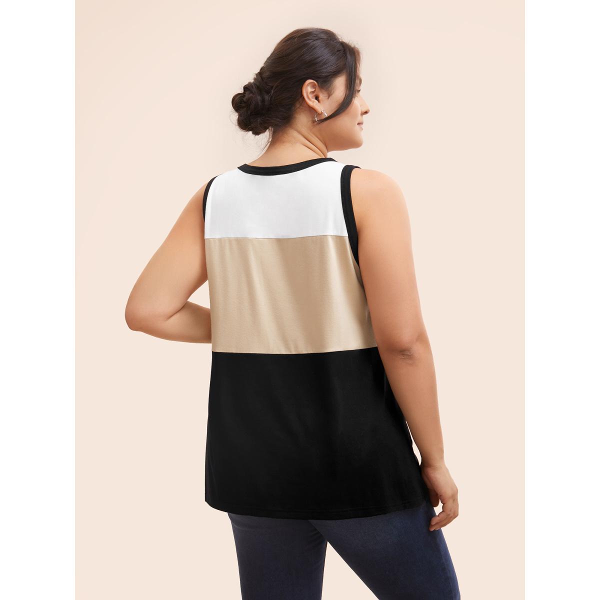 Plus Size Round Neck Colorblock Contrast Stretch Tank Top Women Apricot Casual Contrast Round Neck Everyday Tank Tops Camis BloomChic 22-24/3X Product Image