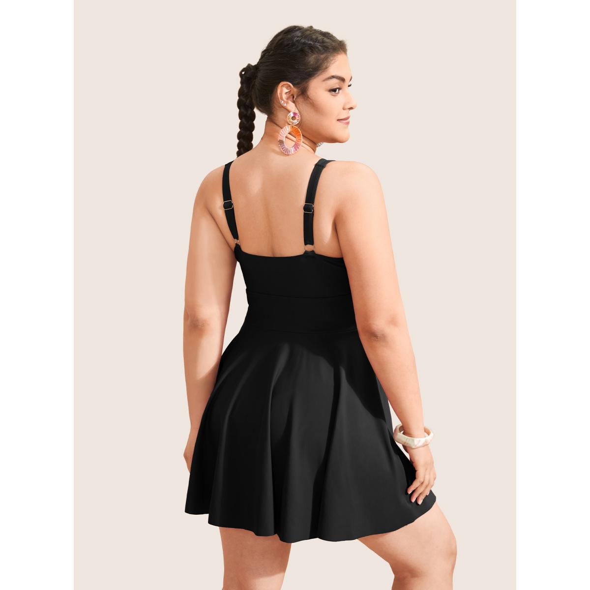 Plus Size Plain Gathered Knot Adjustable Straps Swim Dress Women's Swimwear Black Beach Bodycon V-neck High stretch Curve Swim Dresses BloomChic 12/L Product Image