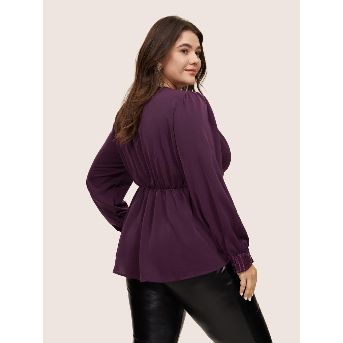 Plus Size Purple Plain Sequin Patchwork Overlap Collar Gathered Blouse Women Glamour Long Sleeve Overlap Collar Party Blouses BloomChic 26/4X Product Image