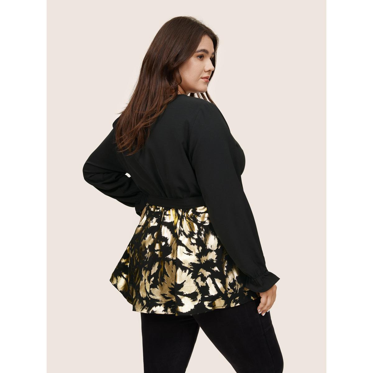 Plus Size Black Glitter Patchwork Ruffles Wrap Belted Blouse Women Cocktail Long Sleeve Overlap Collar Party Blouses BloomChic 22-24/3X Product Image