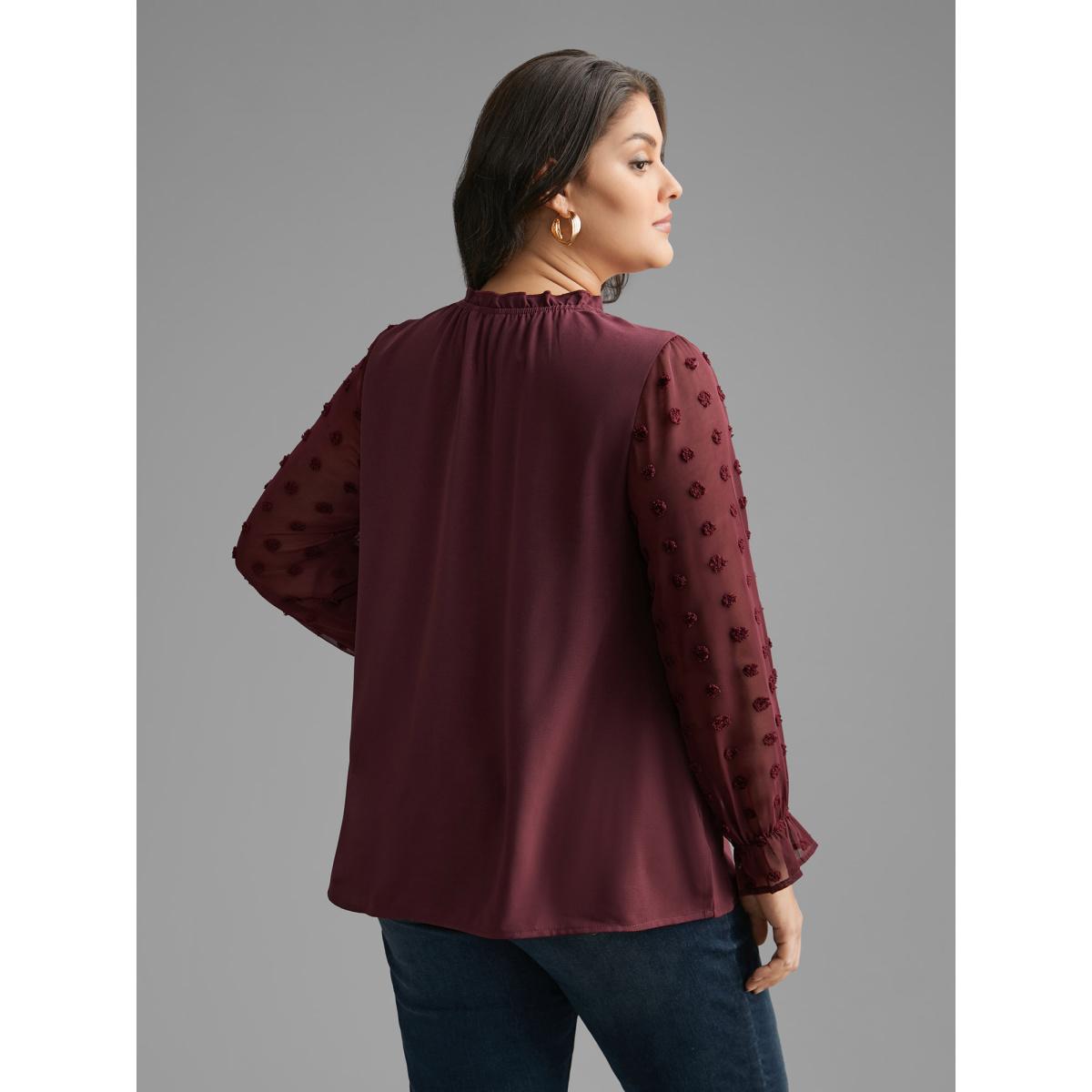Plus Size Deepred Texture Ruffles Patchwork Gathered Blouse Women Elegant Long Sleeve Stand-up collar Everyday Blouses BloomChic 28/5X Product Image