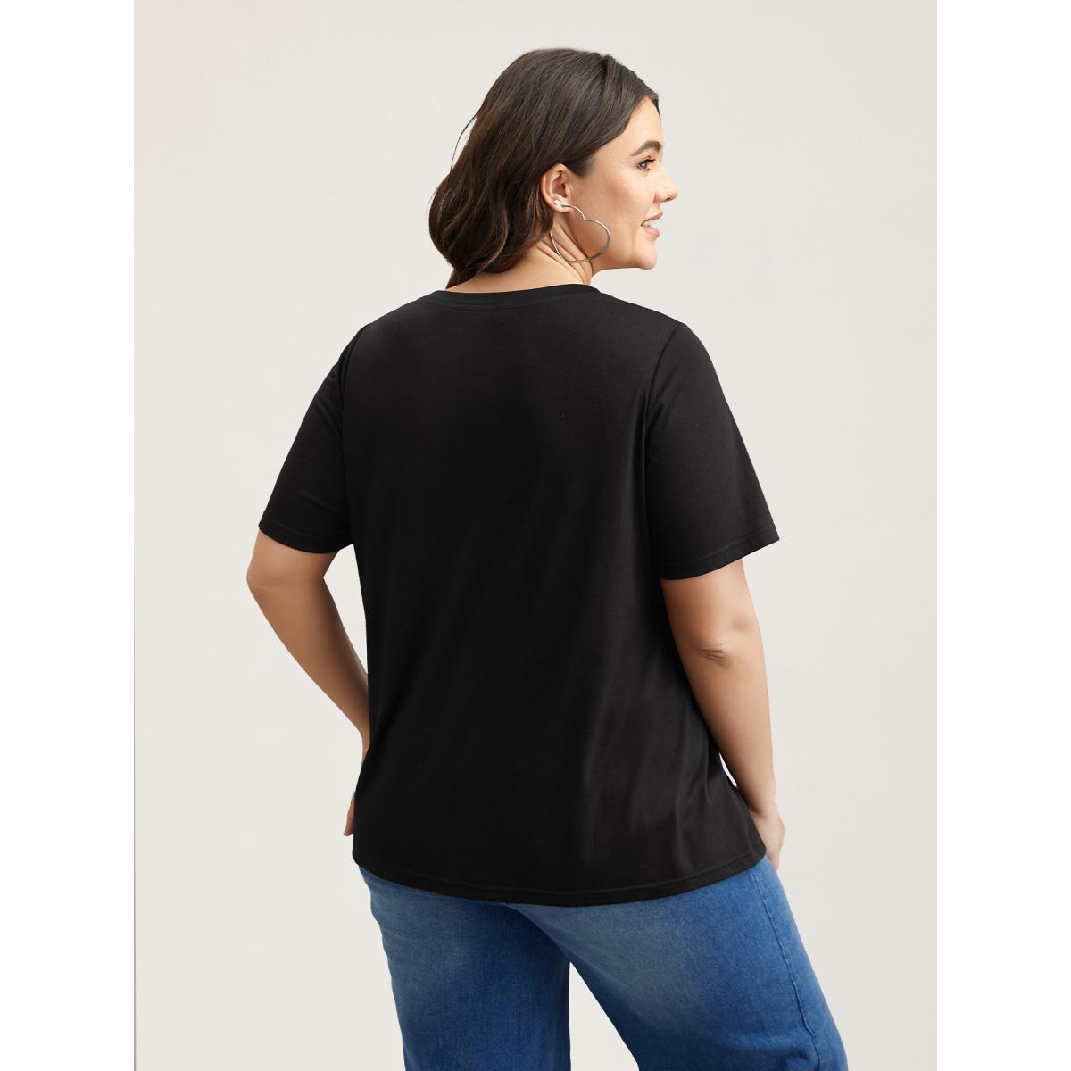 Plus Size Stretchy Feather Print Round Neck T-Shirt Black Women Casual Non Art&design Round Neck Everyday T-shirts BloomChic 22-24/3X Product Image