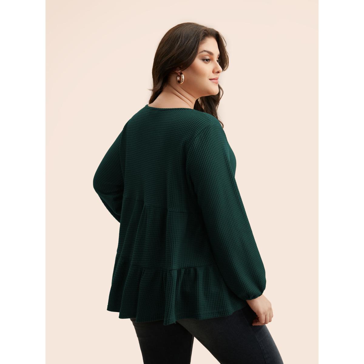 Plus Size Solid Waffle Knit Ruffle Hem T-shirt DarkGreen Women Casual Texture V-neck Everyday T-shirts BloomChic 26/4X Product Image