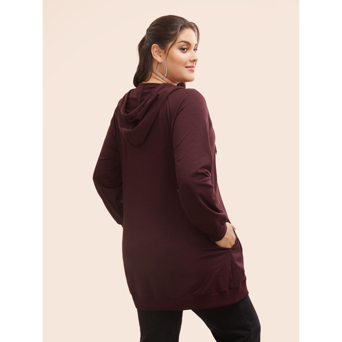 Plus Size Plain Zipper Hooded Drawstring Pocket Sweatshirt Women Burgundy Casual Plain Hooded Dailywear Sweatshirts BloomChic 22-24/3X Product Image