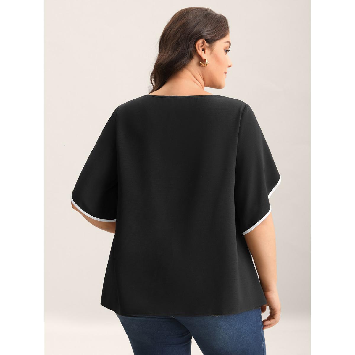 Plus Size Black Color Contrast Petal Sleeve Shirt Women Office Half Sleeve Round Neck Office Blouses BloomChic 14-16/1X Product Image