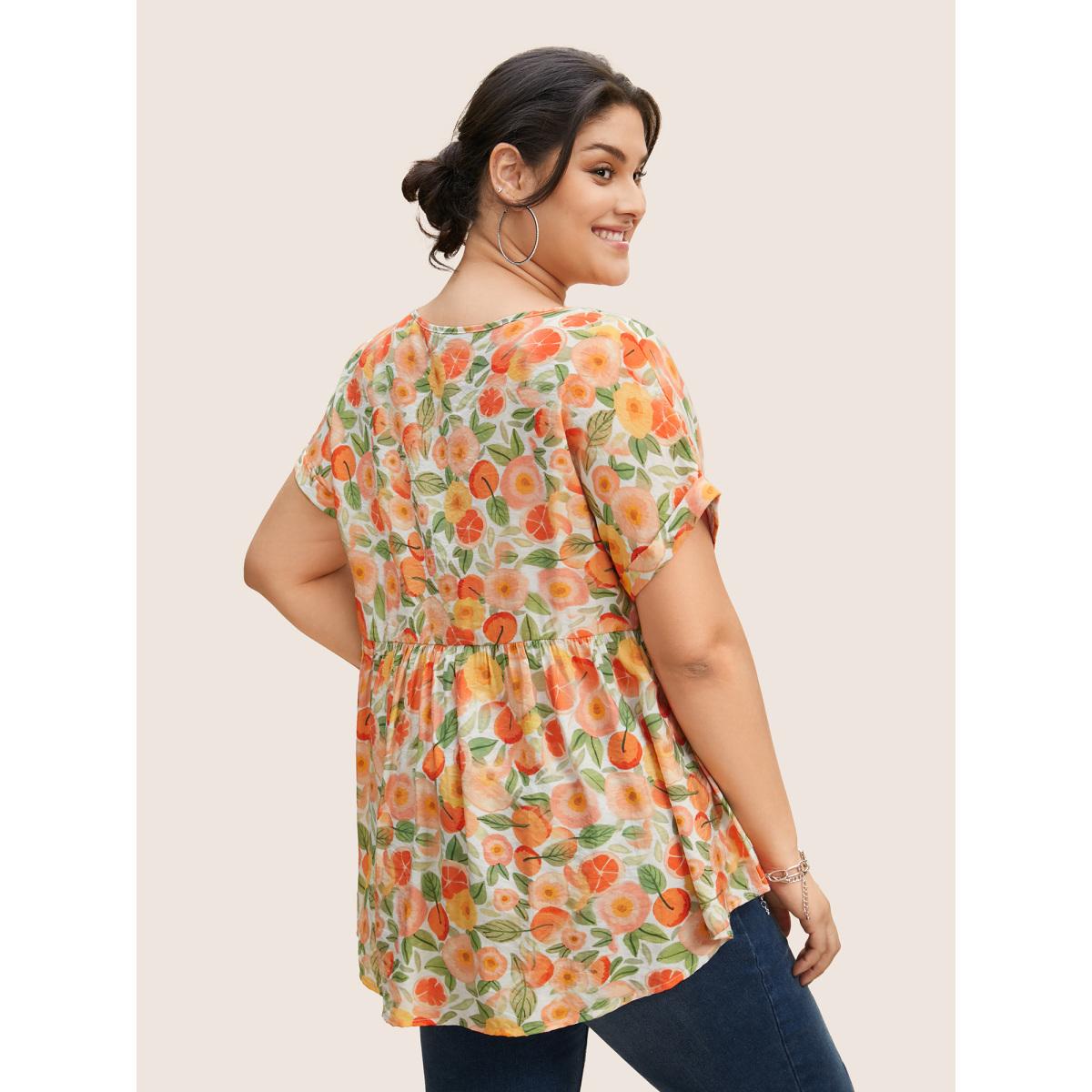 Plus Size Salmon Fruit Print Curved Hem Batwing Sleeve Blouse Women Leisure Cap Sleeve Round Neck Casual Blouses BloomChic 10/M Product Image