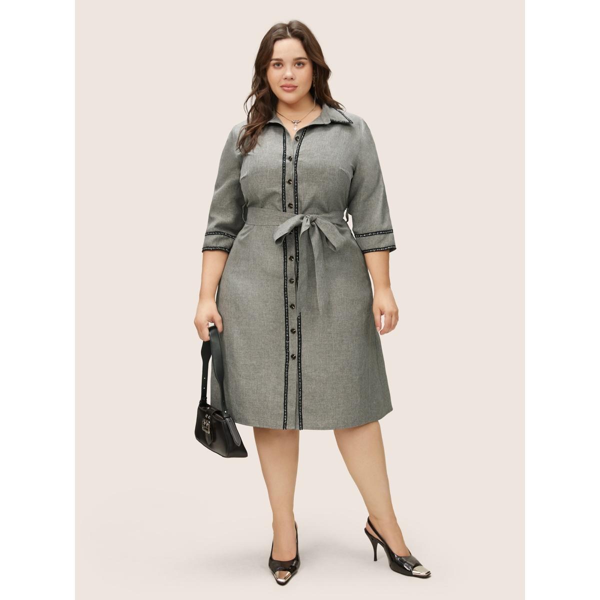 Plus Size Shirt Collar Patchwork Contrast Belted Dress Gray Women At the Office Non Shirt collar Elbow-length sleeve Curvy Midi Dress BloomChic 26/4X Product Image