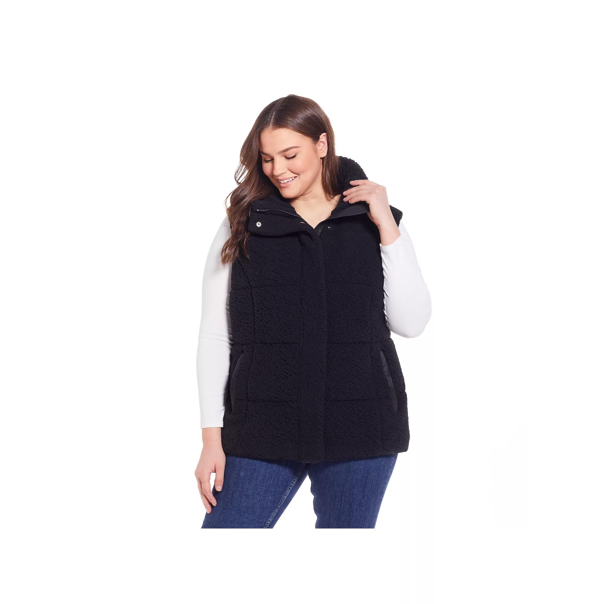 Plus Size Weathercast Sherpa Puffer Vest, Women's, Size: 1XL, Cream Black Product Image