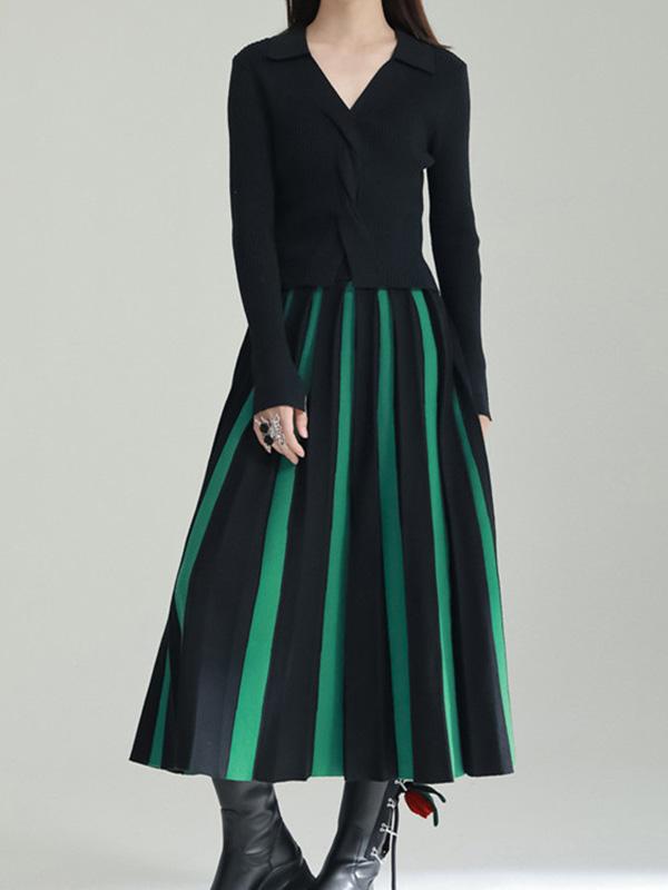 A-Line Loose Contrast Color Pleated Skirts Bottoms Product Image
