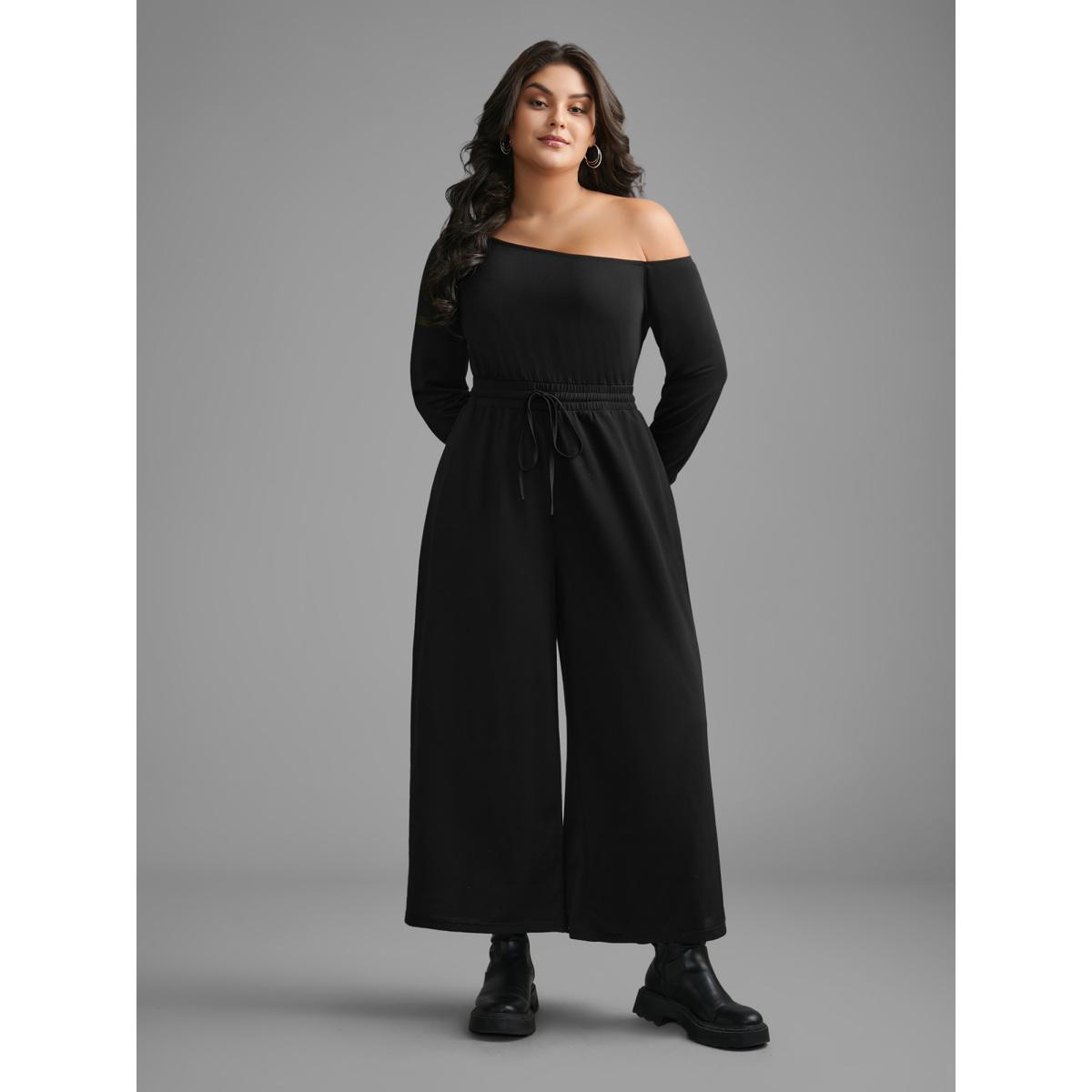 Plus Size Black Textured Sheer Hollow Sleeves Jumpsuit Women Casual Long Sleeve Asymmetrical Neck Everyday Loose Jumpsuits BloomChic 28/5X Product Image