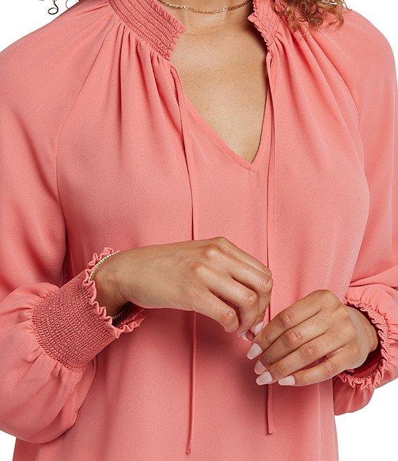 NYDJ Gemma Split V-Neck Smocked Long Sleeve Curved Hem Blouse Product Image