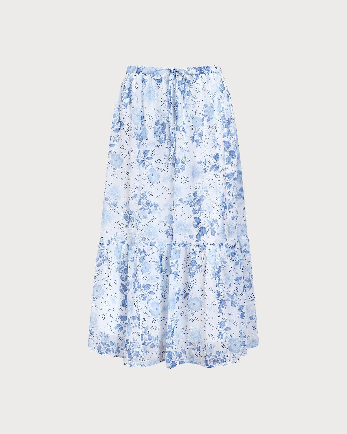 Blue Floral Flared Midi Skirt Product Image