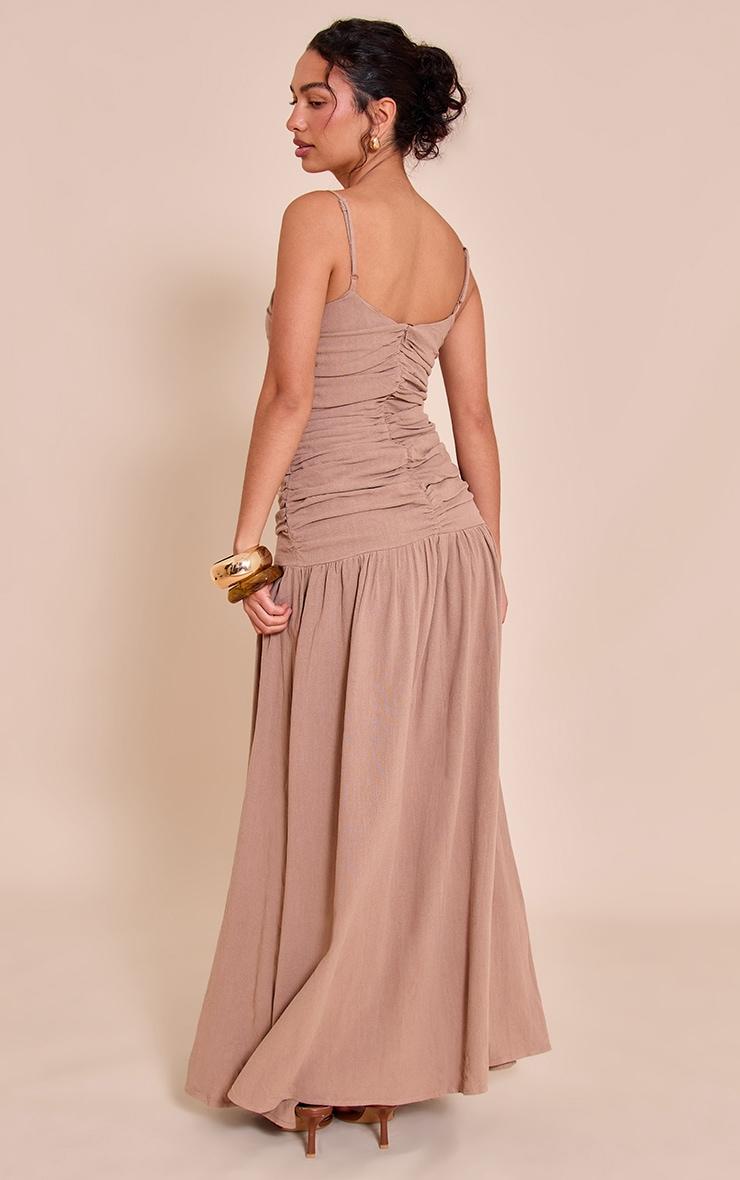 Taupe Textured Woven Ruched Detail Dropped Hem Maxi Dress Product Image