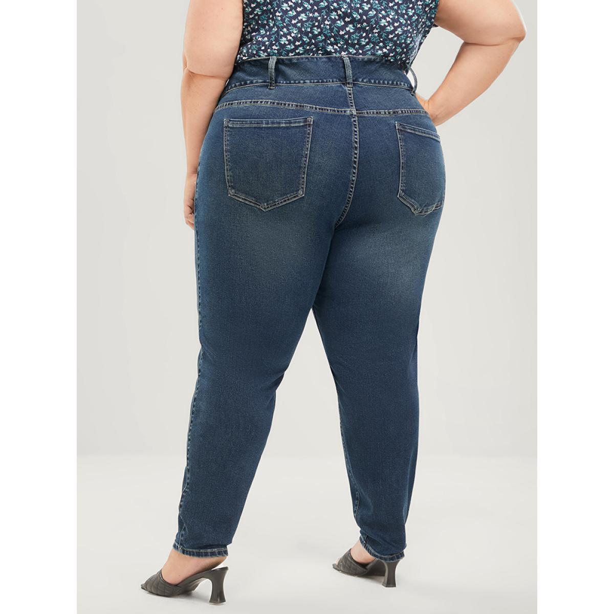 Plus Size Skinny Very Stretchy Mid Rise Dark Wash Sculpt Waist Jeans Women DarkBlue Casual Plain Tummy control High stretch Pocket Jeans BloomChic 24/3X Product Image