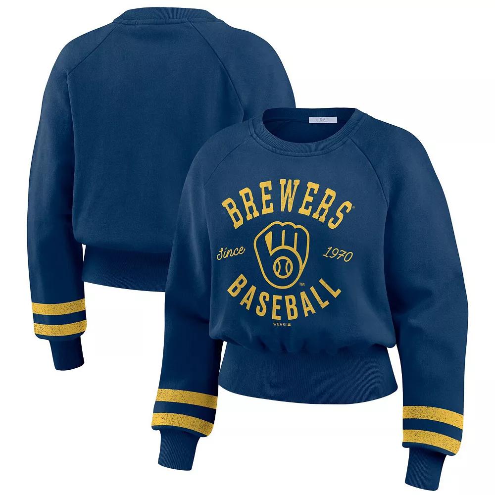 Women's WEAR by Erin Andrews Navy Milwaukee Brewers Vintage Washed Cropped Pullover Sweatshirt,  Product Image