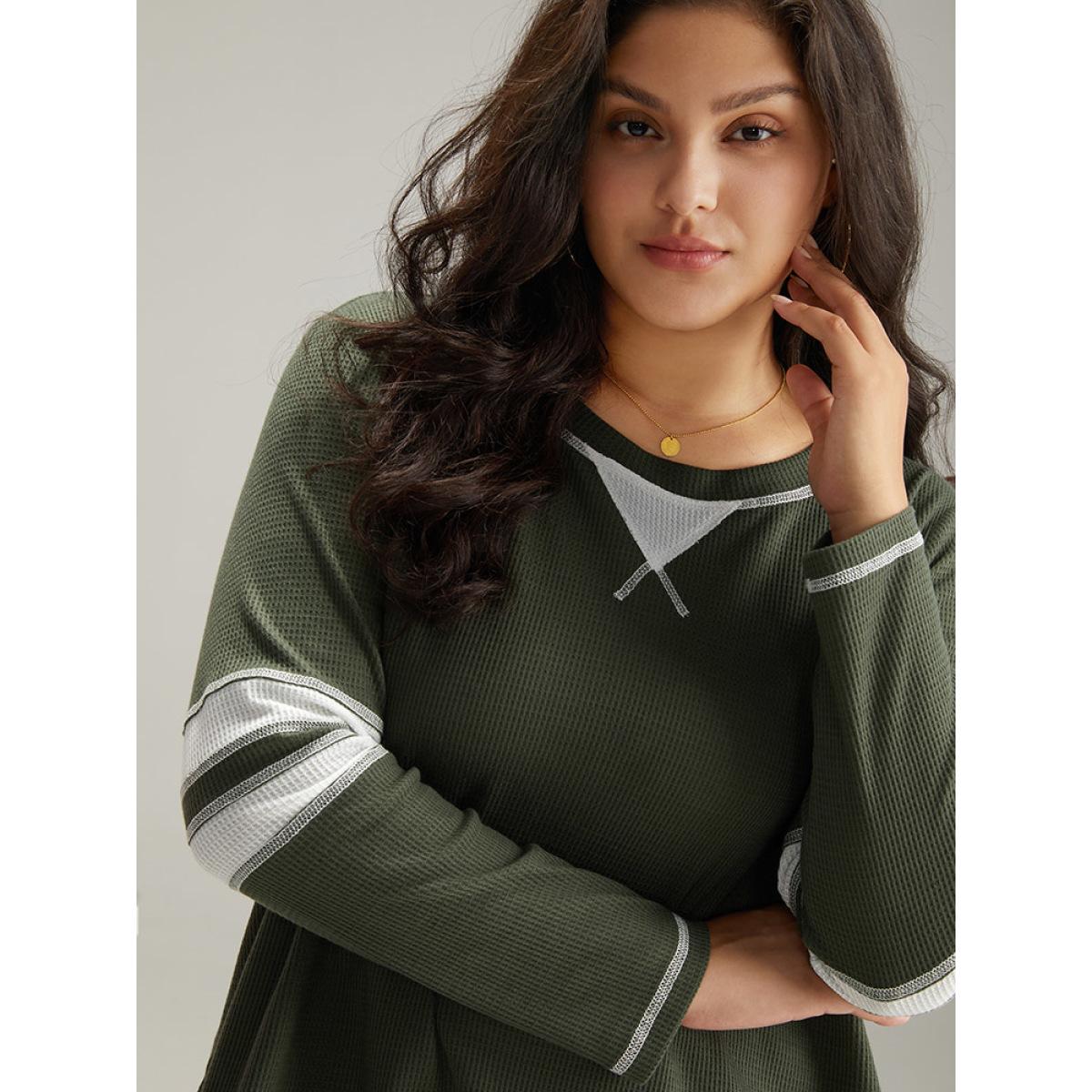 Plus Size Waffle Knit Striped Contrast Stitch T-shirt Green Women Casual Contrast Striped Round Neck Dailywear T-shirts BloomChic 26/4X Product Image