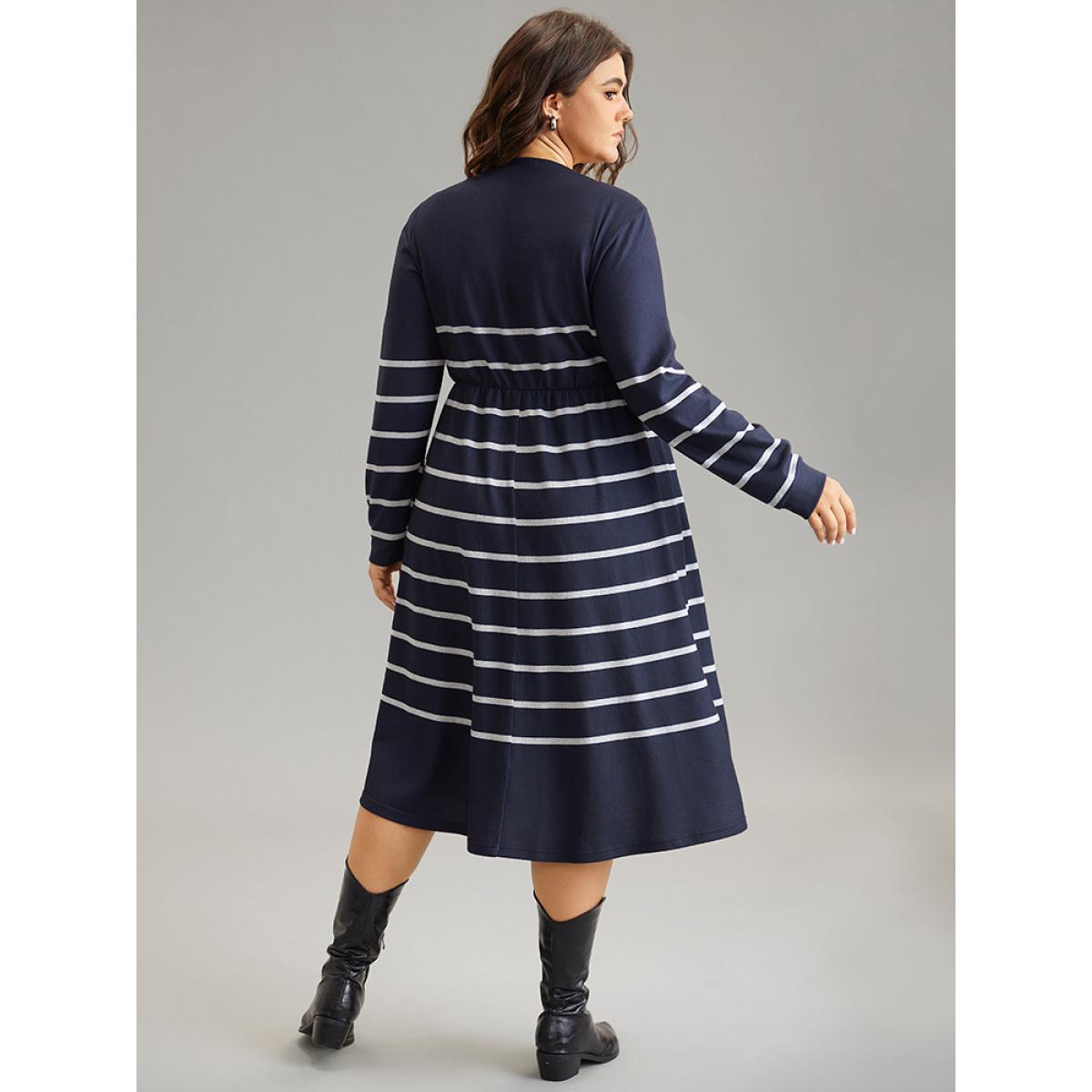 Plus Size Striped Elastic Waist Pocket Zipper Dress DarkBlue Women Casual Printed Round Neck Long Sleeve Curvy Midi Dress BloomChic 22-24/3X Product Image