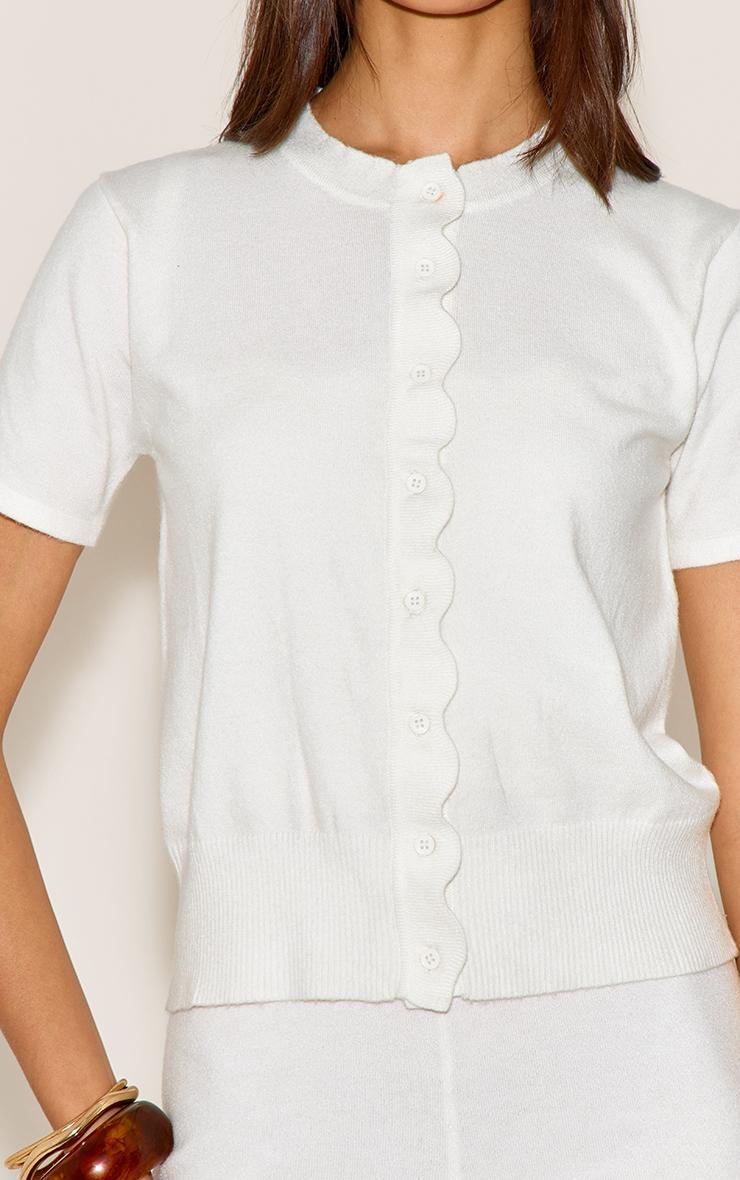 White Soft Knit Scallop Hem Fitted Cardigan Product Image