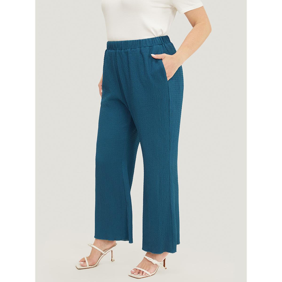 Plus Size Solid Textured Elastic Waist Pocket Bootcut Pants Women Aegean Casual Mid Rise Dailywear Pants BloomChic 22-24/3X Product Image