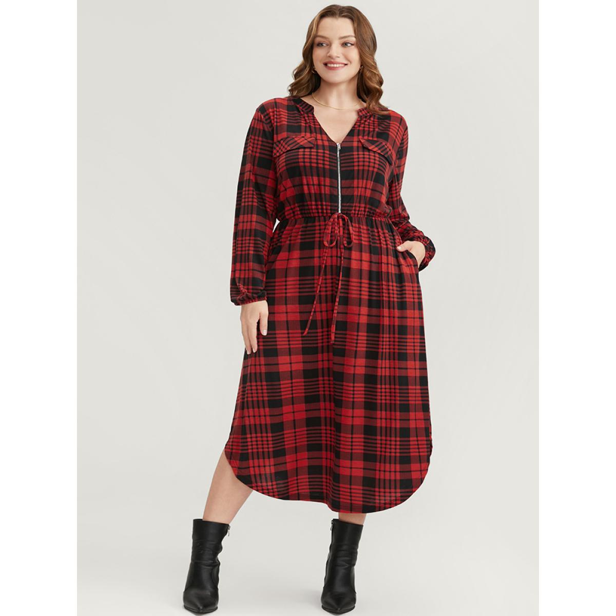 Plus Size Plaid Zip Up Lantern Sleeve Ties Arc Hem Dress Scarlet Women Casual Elastic Waist V-neck Long Sleeve Curvy Midi Dress BloomChic 10/M Product Image