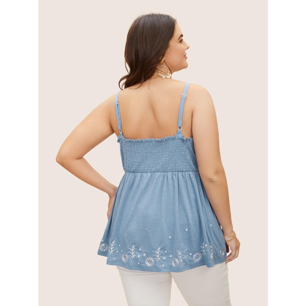 Plus Size Floral Embroidered Overlap Collar Shirred Cami Top Women Stone Resort Overlapping Overlap Collar Vacation Tank Tops Camis BloomChic 10/M Product Image